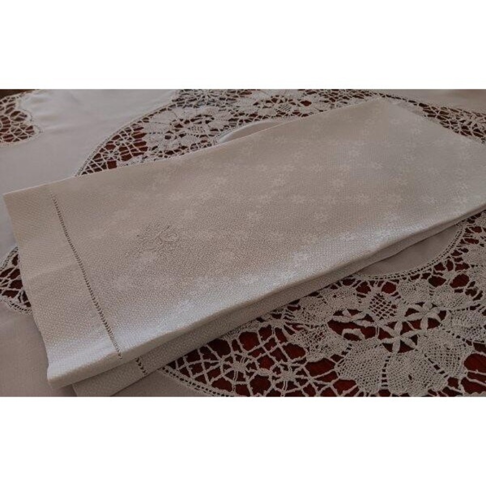 Vintage Large Irish Linen Damask Towel French Monogram B Hand Floral Trellis Bat